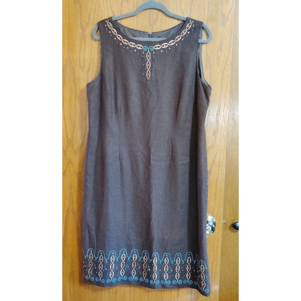 Vintage Sag Harbor Dress Sz 16 Linen Blend Midi Embroidered Cottage Brown